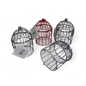 Birdcage Miniature Ring on Top Decor Craft Lot Metal Gray Red Enamel 3.5" x 6.5"